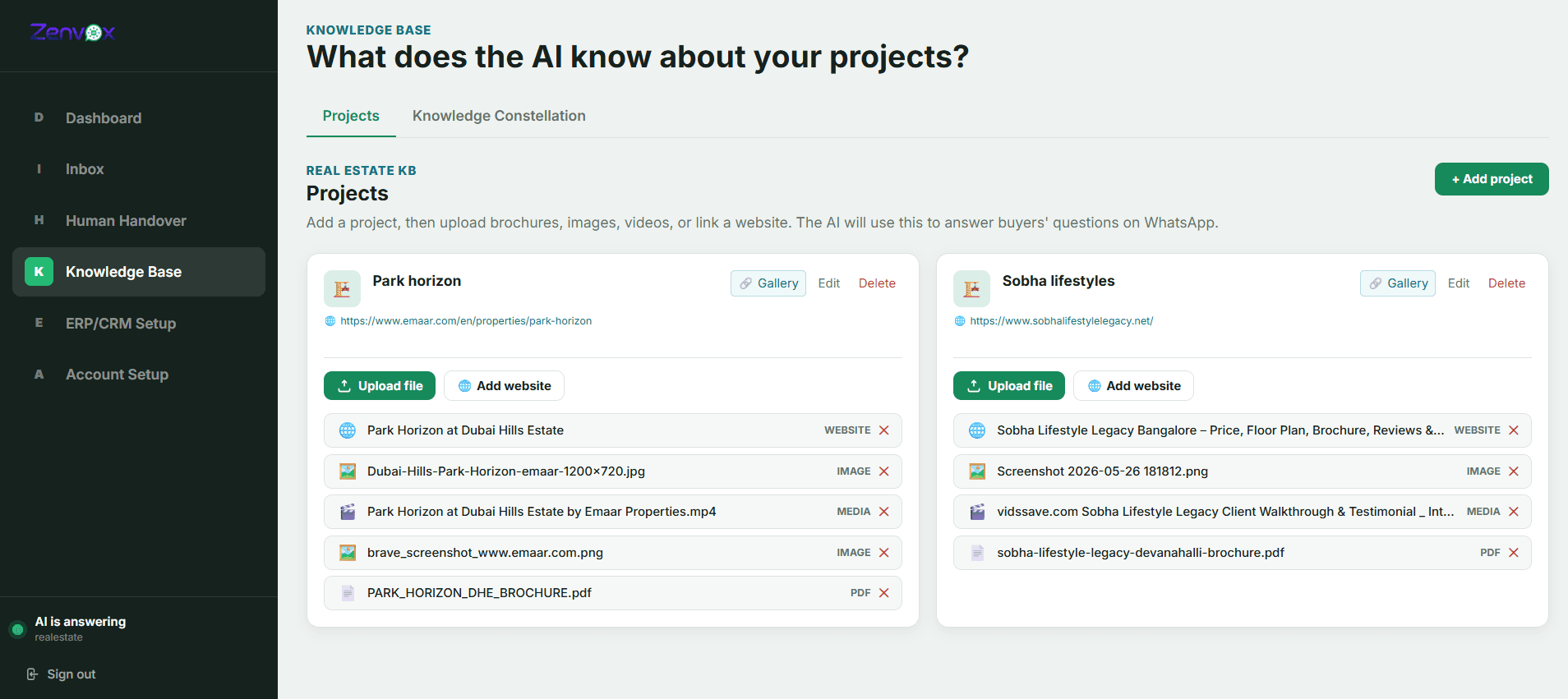 Zenvox real estate tenant showing project knowledge base with project cards, uploaded media, website links, and gallery buttons