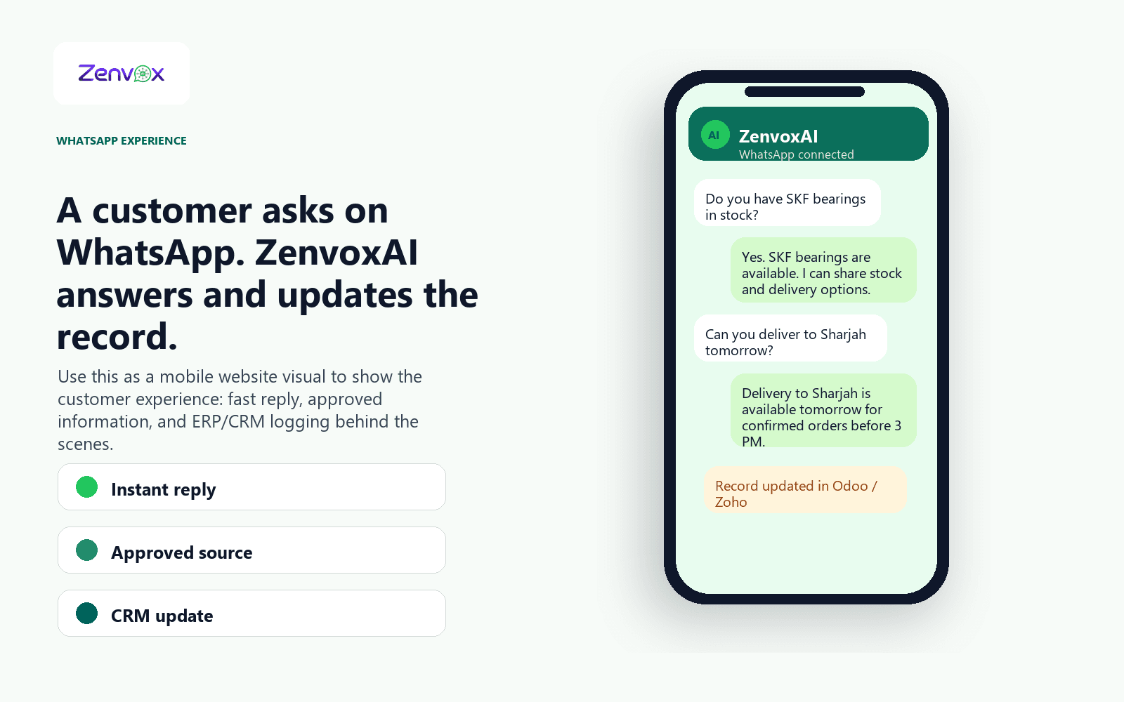 ZenvoxAI mobile WhatsApp conversation mockup showing an AI reply and Odoo or Zoho record update